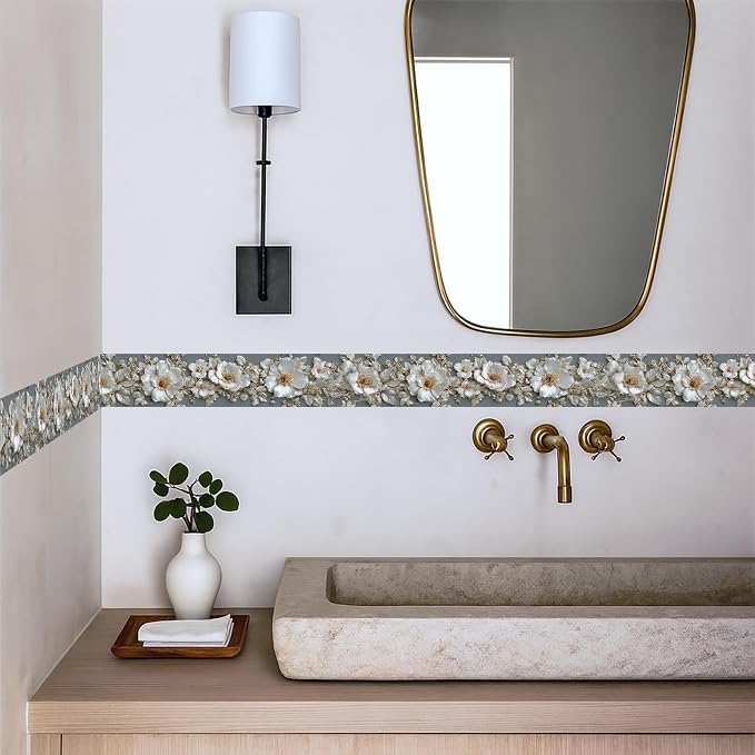 Pearl Wallpaper Border 196x4 Inch Peel and Stick Wall Border Elegant Gray White - Image 3