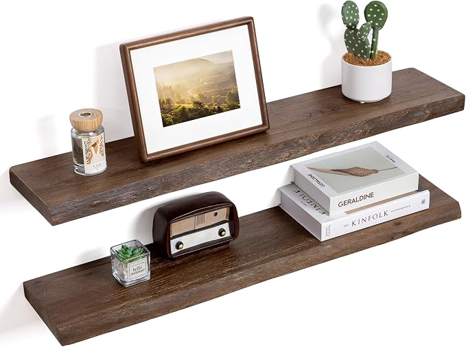 Floating Shelves for Wall Decor, Rustic Solid Elm Wood Live Edge Floating by FLYJOE