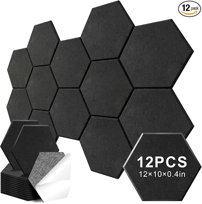 12 Pack Hexagon Acoustic Panels, Self-Adhesive Sound Deadening Panels, Sound by Junwisun