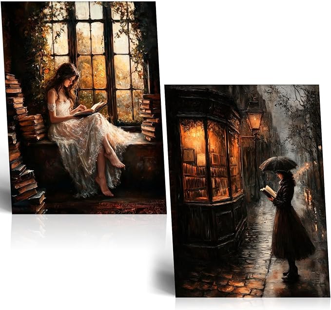 NCYEL 2Pcs Dark Academy Canvas Wall Art Painting Book Reading Print Vintage by NCYEL