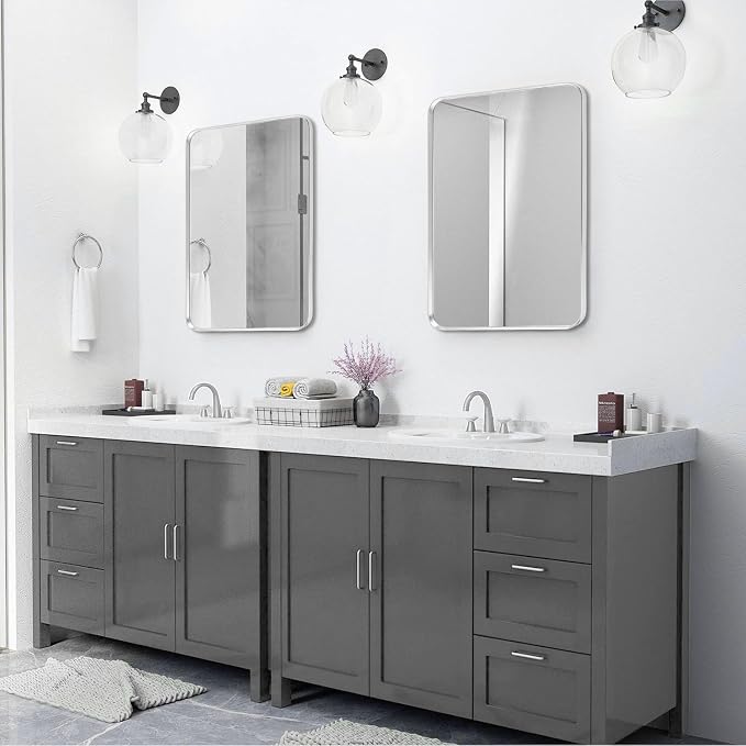 Silver Framed Bathroom Mirror, Brushed Nickel Rounded Corner Rectangle Wall - Image 2