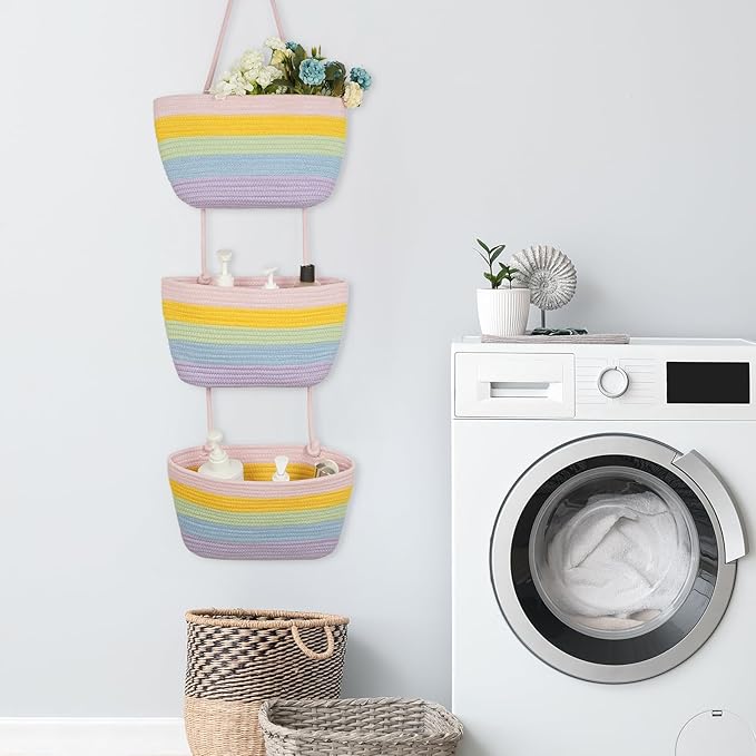 TeoKJ Over the Door Hanging Basket, 3-Tier Woven Cotton Wall-Mounted Storage - Image 8