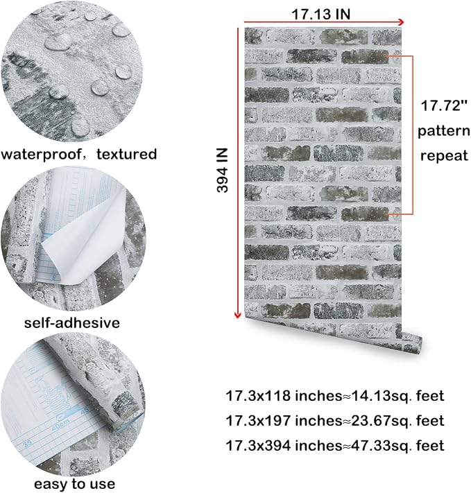 Guvana 17.3"×394" Brick Wallpaper Grey Self Adhesive Wallpaper 3D Brick Peel - Image 6