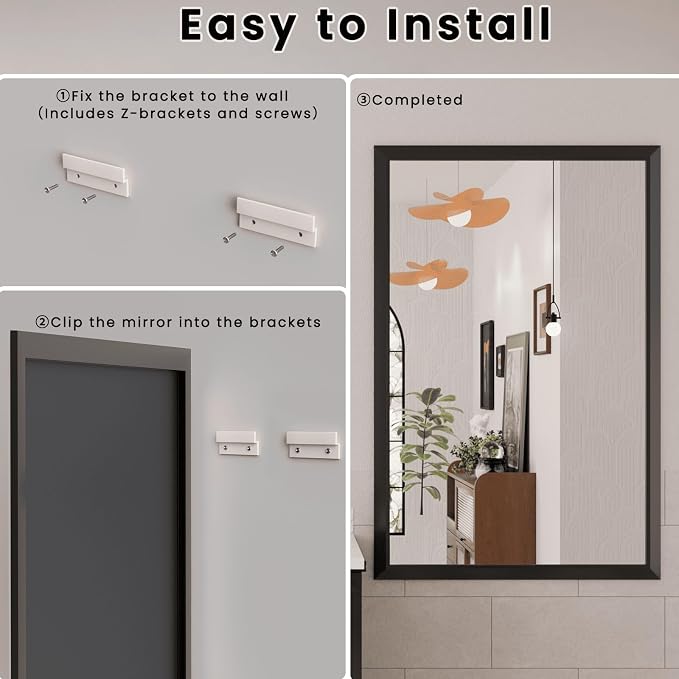 Amorho Bathroom Mirror Black, 55x40 Inch Thick Metal Framed Wall Mirrors - Image 4