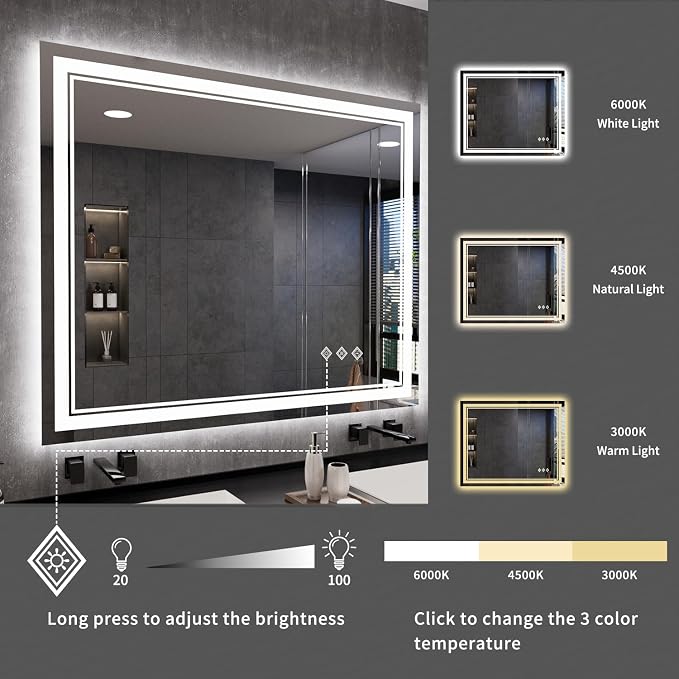 LED Mirror, 44x36 Inch Gradient Front and Backlit Lighted Mirror, 3 Colors - Image 5