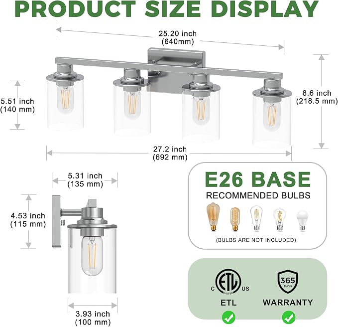 DORESshop 4-Light Vanity Light Fixtures, Chrome Bathroom Light Fixtures Over - Image 5