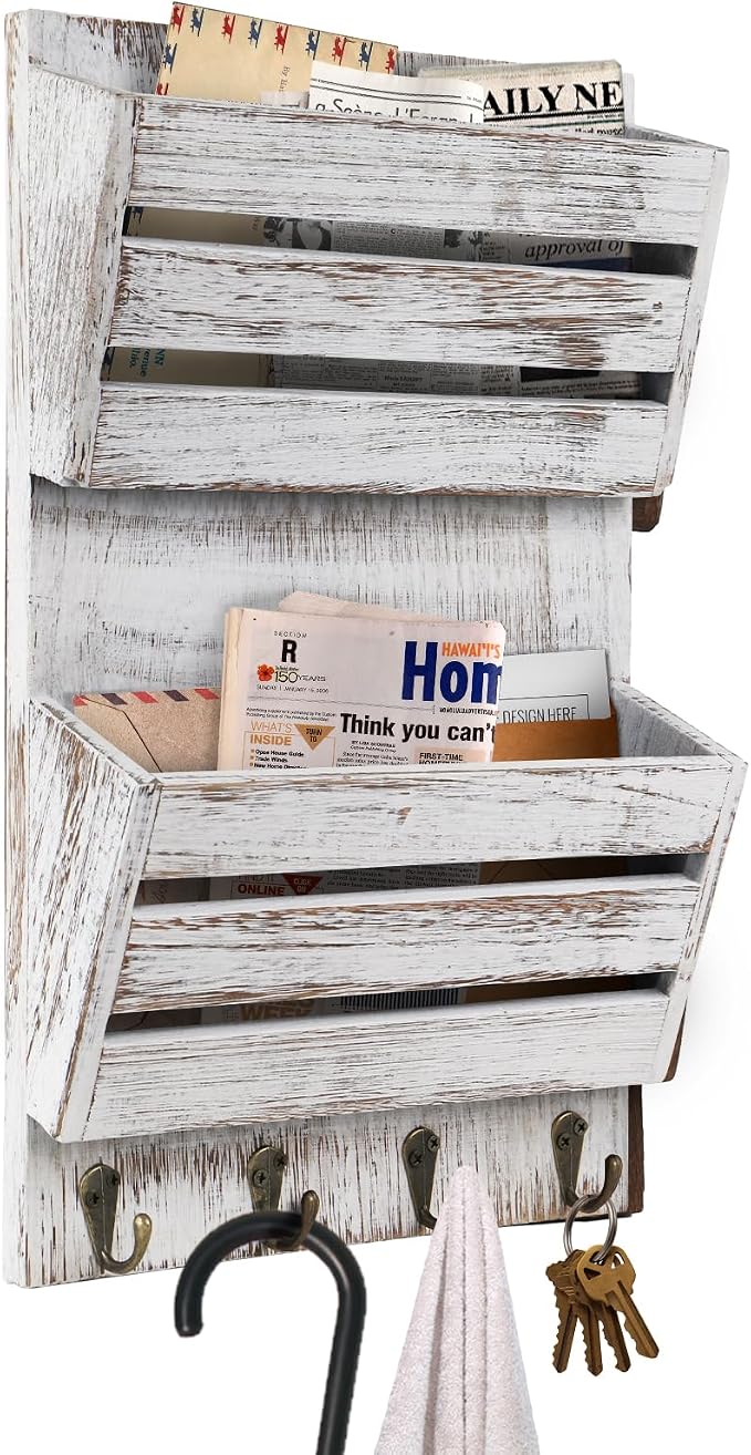 Mail Organizer Wall Mount with 4 Key Hooks, Rustic Wooden Hanging Mail Sorter - Image 8