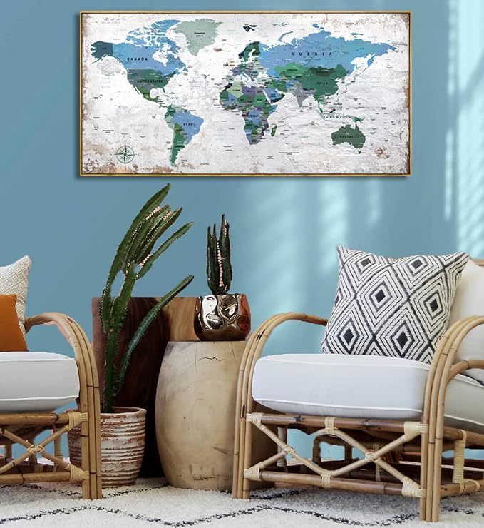 Framed Wall Art World Map Wall Art Canvas Picture 30inchx60inch Large Blue Map - Image 5