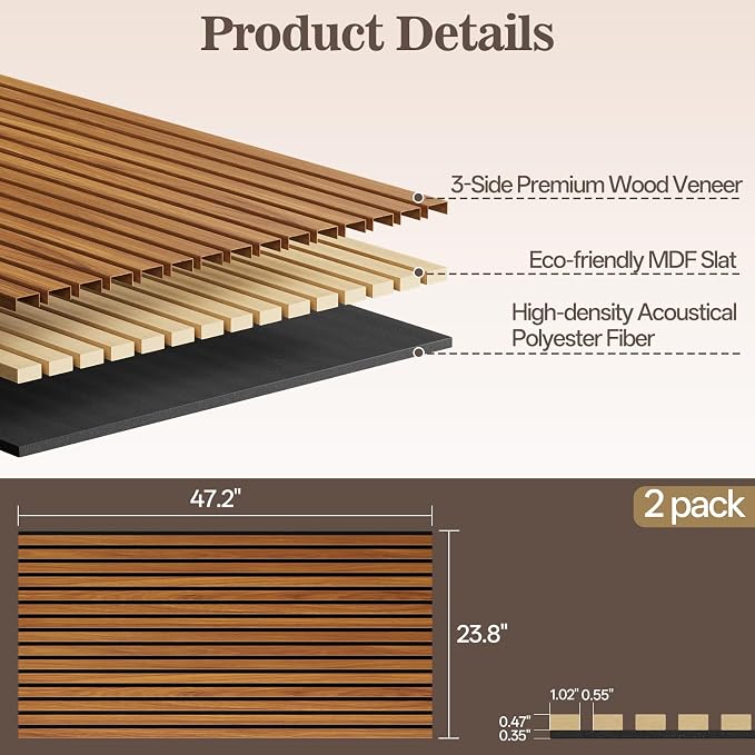 2 Pack Wood Panels for Wall, 47.24" x 23.81" Acoustic Wood Slat Wall Panel for - Image 2