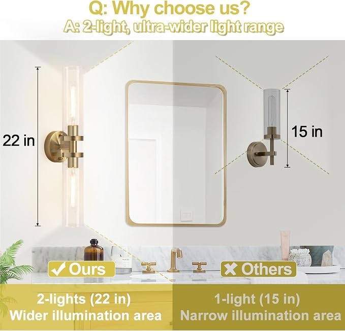Wall Sconces Set of Two, Hardwired Brass Bathroom Sconces Wall Lighting - Image 3