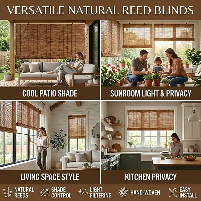 Bamboo Blinds for Patio, Outdoor Bamboo Roll up Shades, Waterproof Cordless - Image 4