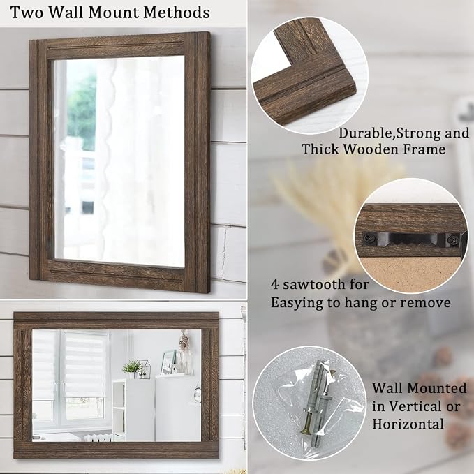 AAZZKANG Rustic Wood Mirror Rectangle Decorative Wall Hanging Mirrors - Image 3