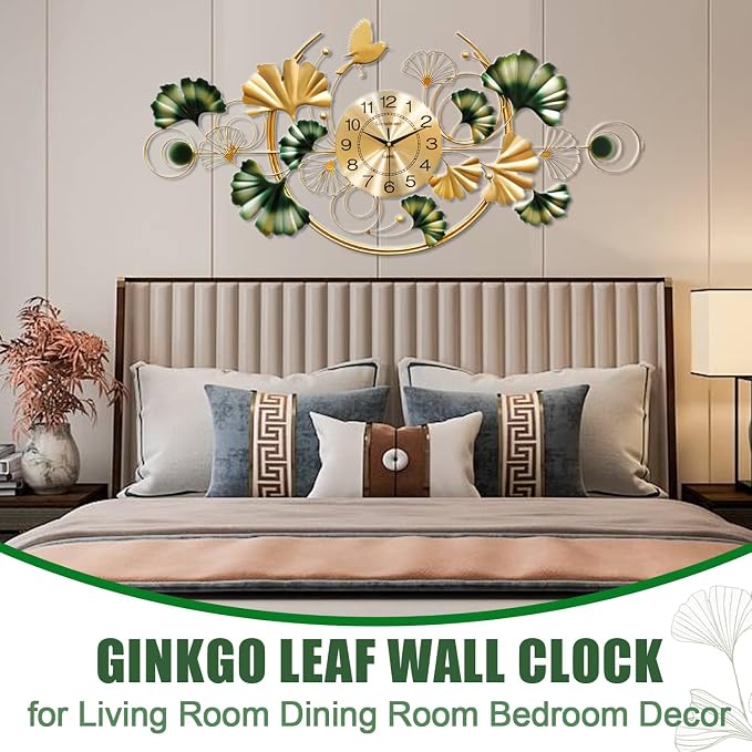 Large Wall Clock for Living Room, 3D 47 Inch Metal Ginkgo Leaf Wall Decor - Image 3