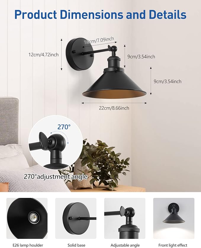Bailoch Black Vintage Wireless Battery Operated Wall Sconces, Industrial - Image 2