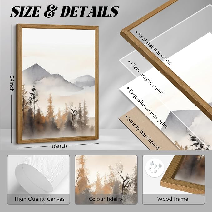 Neutral Mountain Wall Art Decor Set of 3 Forest Canvas Wall Art Poster - Image 2