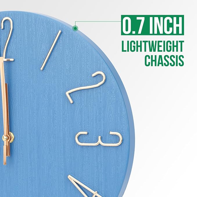 Wall Clock 12 Inch Silent Non-Ticking Imitation Wood Indoor Clock Round Blue - Image 4