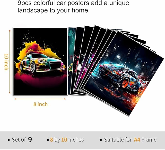 tgguytiy 9pcs Car Wall Art Prints Racing Car Canvas Posters Fashion Wall Decor - Image 3