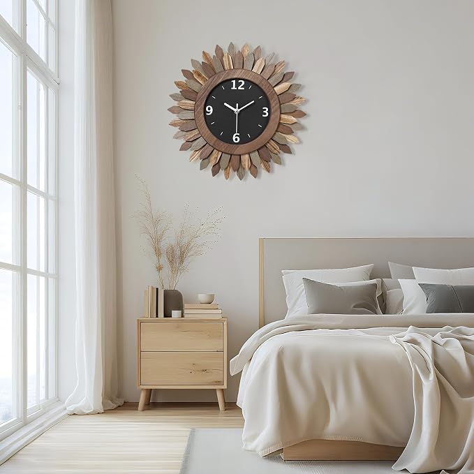 Honiway 14 Inch Wall Clock, Rustic Wood Boho Sunburst Decorative Wall Clocks - Image 3