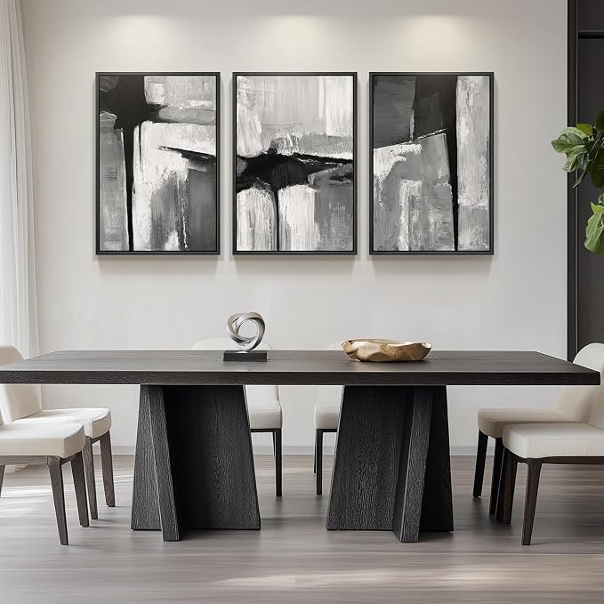 Large Framed Black and White Gray Abstract Wall Art, 3 Piece Modern Canvas - Image 8