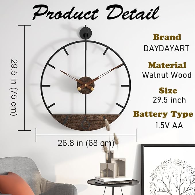 Modern Wood Walnut Dial Wall Clock, Large Simple Wall Decor Metal Frame Silent - Image 3