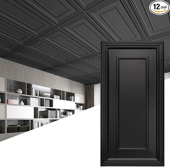 Art3d 12-Pack Drop Ceiling Tiles, 24x28 Inch PVC Panels in Black by Art3d