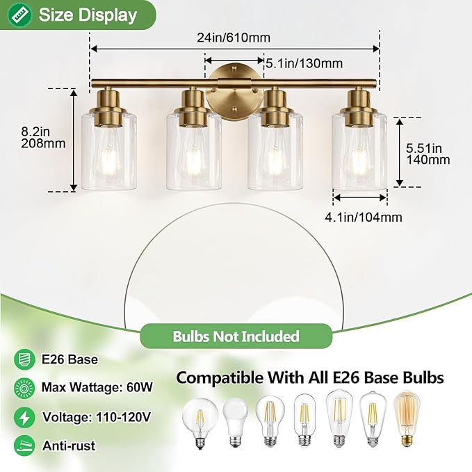 Zarbitta 4-Light Bathroom Light Fixtures, Brushed Brass Modern Vanity Lights - Image 7