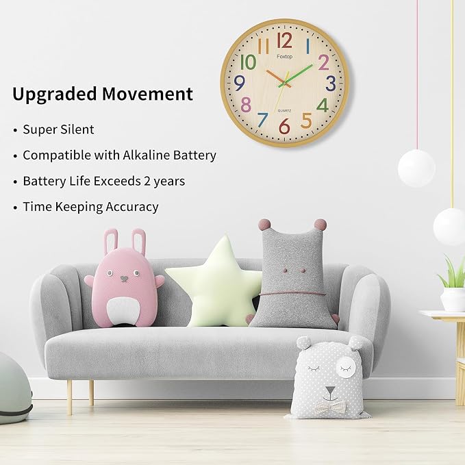 Foxtop 14 Inch Kids Wall Clock Silent Non-Ticking Battery Operated Colorful - Image 3