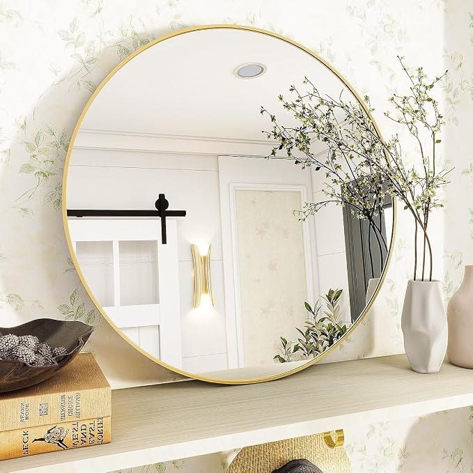 VooBang Gold Round Bathroom Mirror, 24 inch Circle Wall Mounted Hanging Mirror - Image 4
