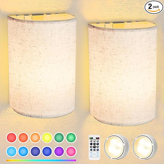 FINCMY Battery Operated Wall Sconces Set of Two, 18 RGB Colors Stick on Wall by FINCMY