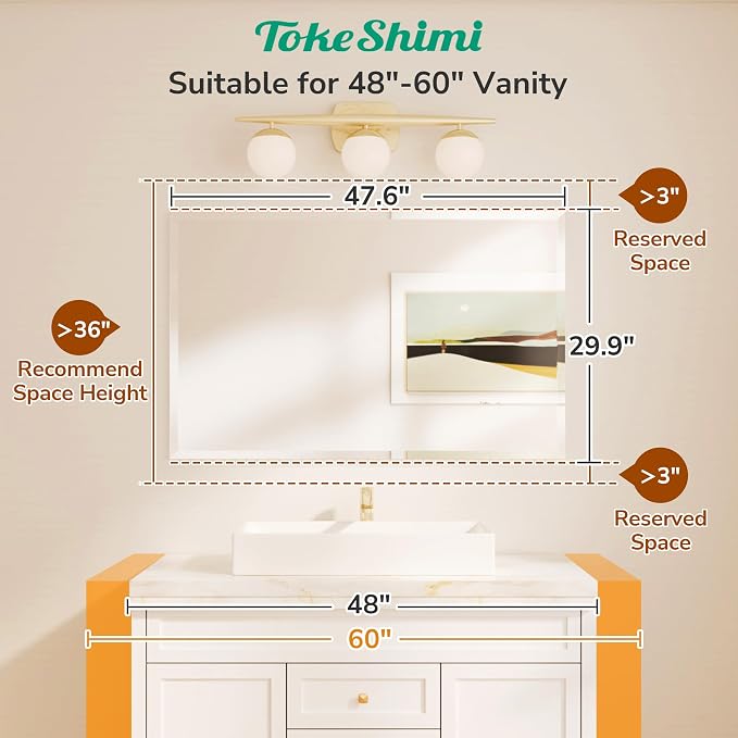 TokeShimi 48x30 Frameless Bathroom Mirror Rectangle, Tempered Beveled Mirror - Image 2