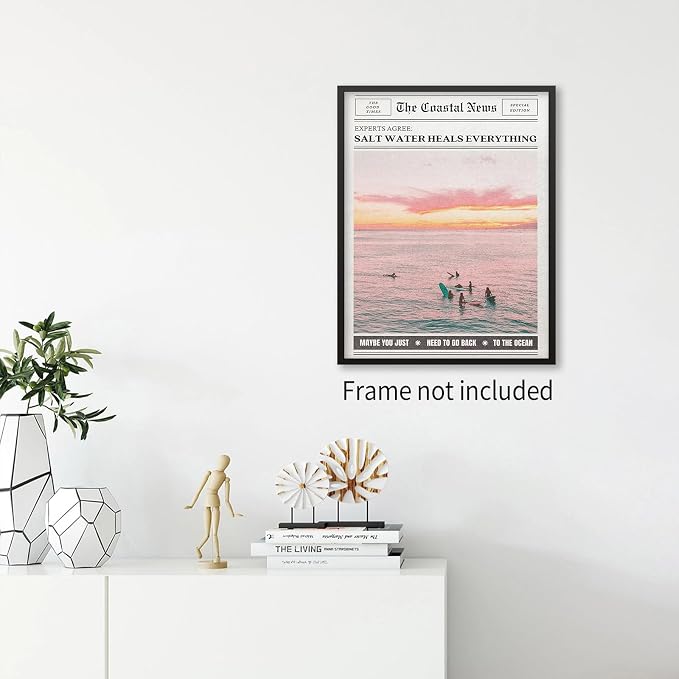 Pink Beach Newspaper Posters Vintage Fashion Coastal Girl Surf Wall Art Grainy - Image 3