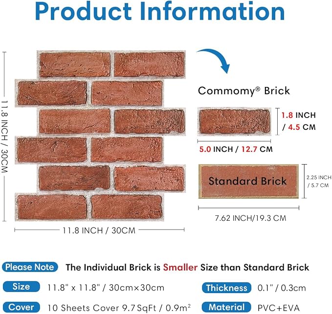 COMSTICKC 3D Red Faux Brick Wall Panel Peel and Stick, Not Real Tile, Small - Image 3