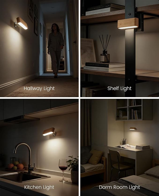 Wood LED Wall Sconce, Magnetic 360° Rotatable Wall Mounted Night Light & - Image 7