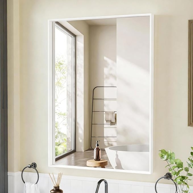 24x32 Inch White Bathroom Mirror, Wall Mounted Bathroom Vanity Mirrors by Dimelax