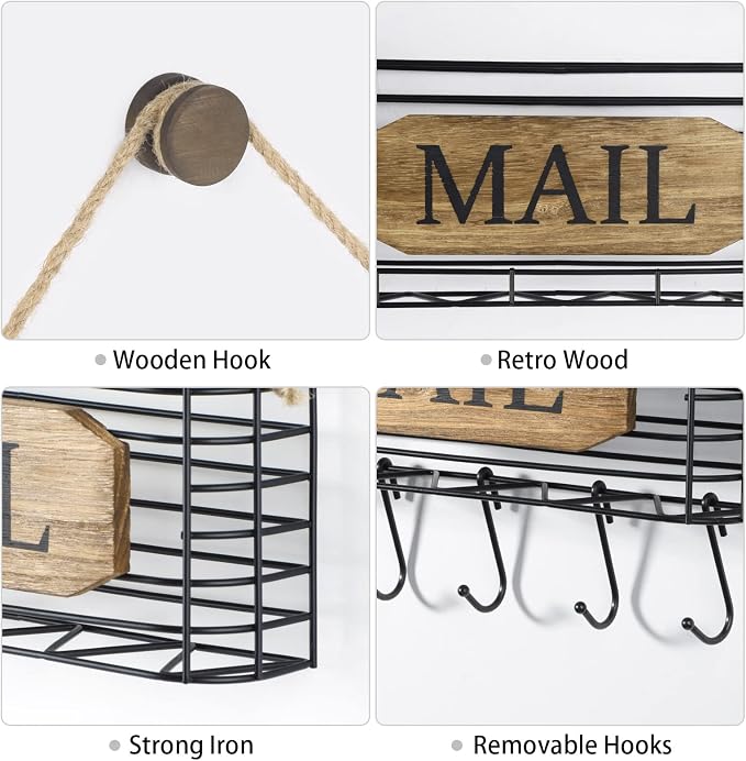 SRIWATANA Mail Organizer Wall Mount, Rustic Mail Holder Key Holder - Image 5