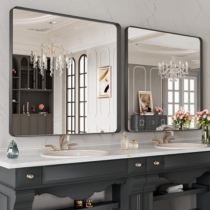 LOAAO 28X32 Inch Black Metal Framed Bathroom Mirror - Image 4