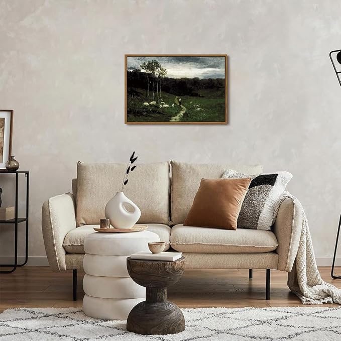 OIQArtOIQ Framed Vintage Landscape Wall Art Shepherd Natural Scenery Oil - Image 2