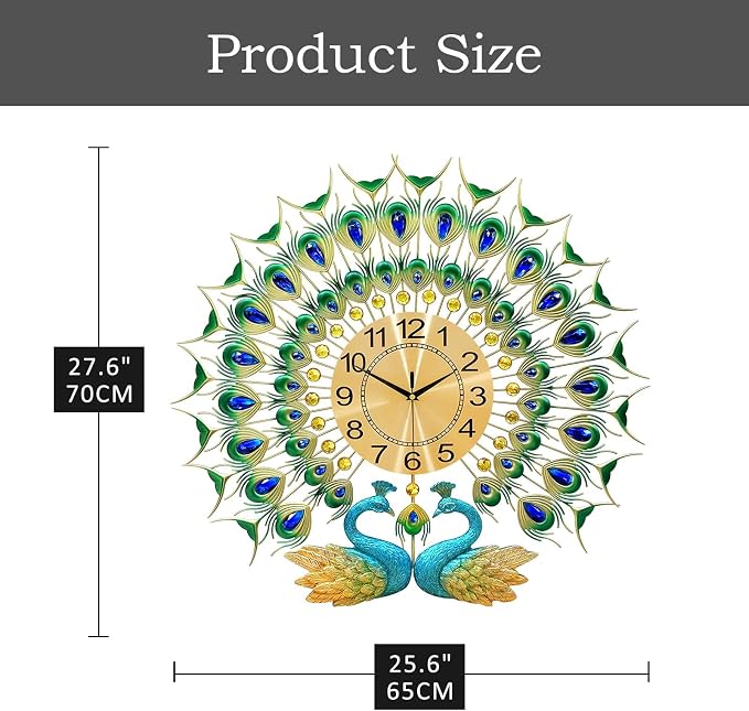 Large Peacock Wall Clock 27.6 inch Non-Ticking Silent Crystal Creative - Image 4