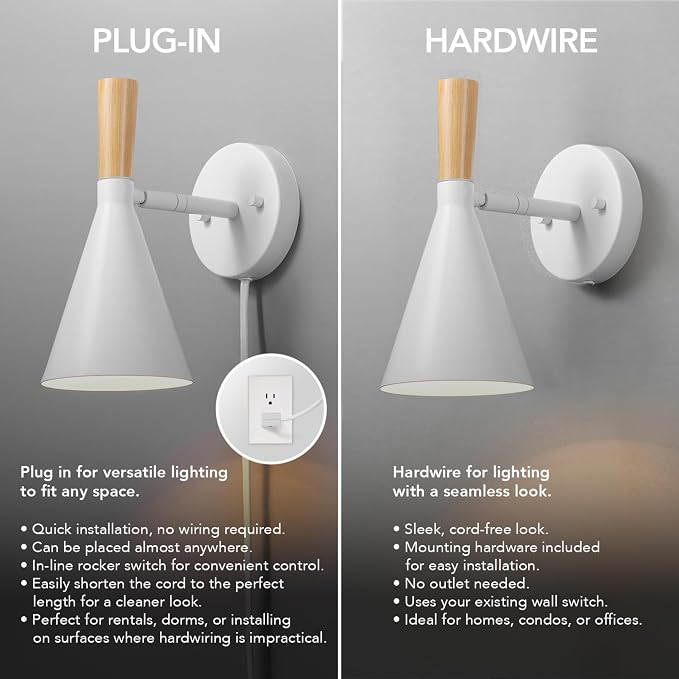 Globe Electric 65000147 1-Light Plug-in or Hardwire Wall Sconce, Matte White - Image 7