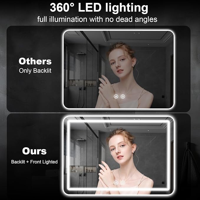 LED Bathroom Mirror, 36 x 24 Inch Anti-Fog Wall Mirror - Image 6
