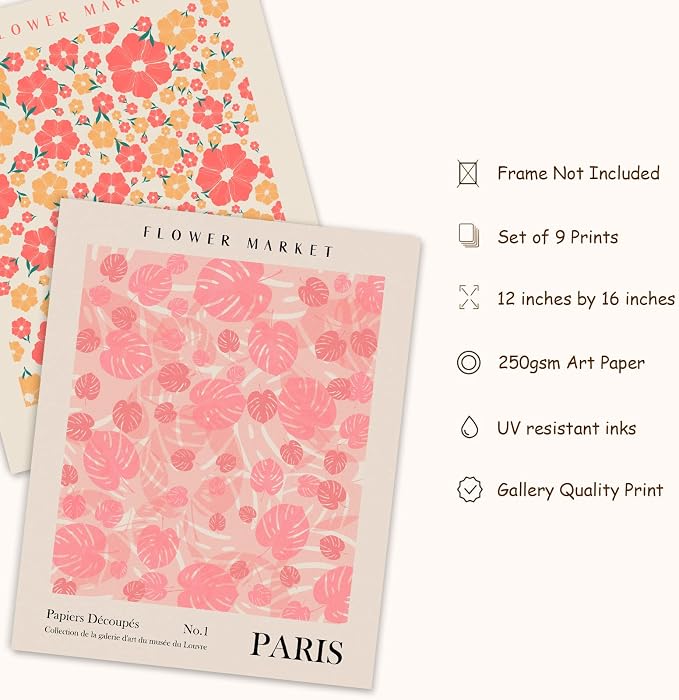 AnyDesign 9 Pcs Flower Market Decoration Matisse Wall Art Prints Floral Poster - Image 3
