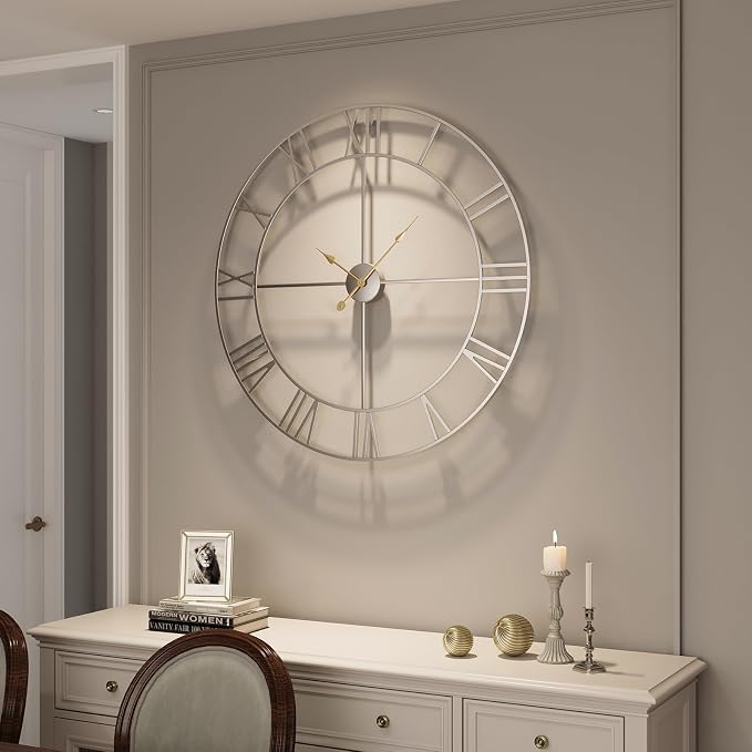 Cuspin 36 Inch Large Silver Wall Clock, Extra Large Silent Non Ticking Battery - Image 8