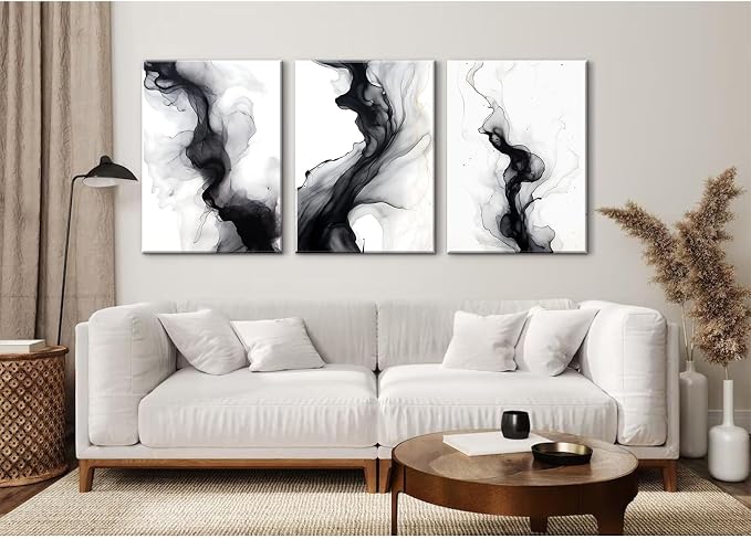 Black White Abstract Wall Art Decor Set of 3 Modern Wall Art Minimalist Canvas - Image 4