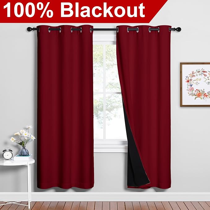 NICETOWN 100% Blackout Window Curtain Panels, Burgundy Red, 2 Pieces, 42-inch - Image 2