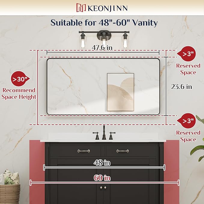 Keonjinn Black Bathroom Mirror for Over Sink, 48 x 24 Inch Large Rounded - Image 5
