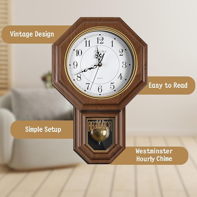 Pendulum Wall Clock Battery Operated, Imitation Wood Plastic Regulator Clock - Image 6
