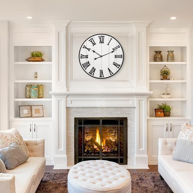 Large Rustic Wooden Wall Clock, 24 Inch Whitewashed Farmhouse Wall Clock - Image 2