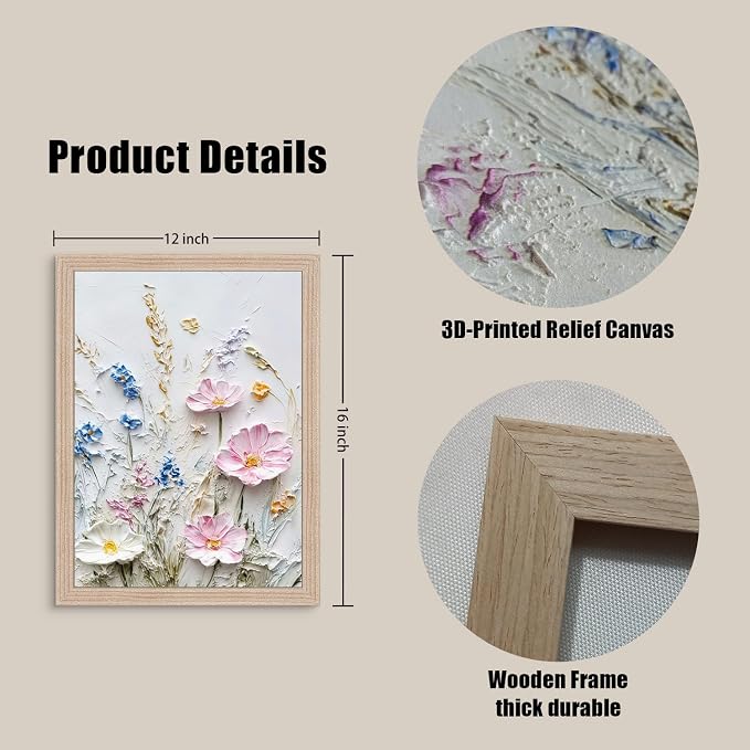 Framed 3D Floral Texture Canvas Wall Art Relief Textured Floral Oil Painting - Image 2