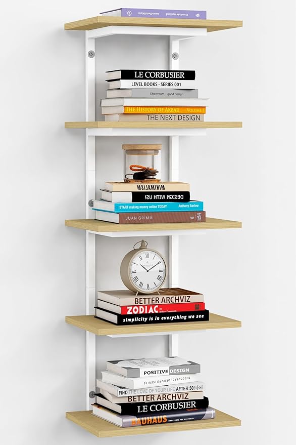 Harwaya White and Natural Tiered Wall Shelf Unit, 5 Tier Display Floating by Harwaya