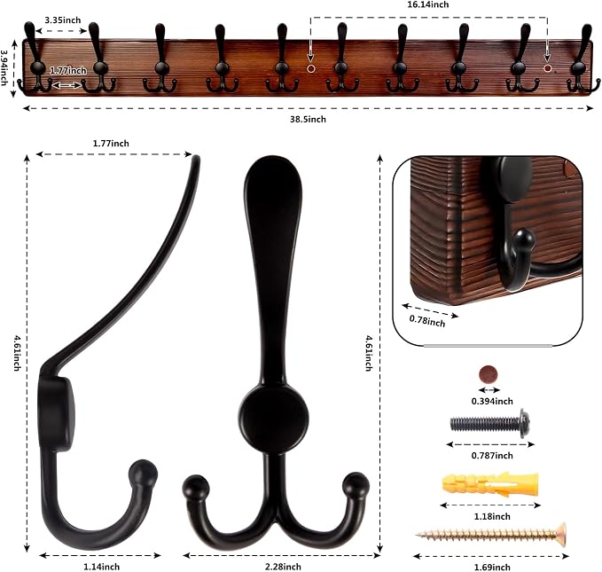 Kuhome 38.6'' Large Coat Rack Wall Mount Coat Hooks Coat Hanger - Image 2